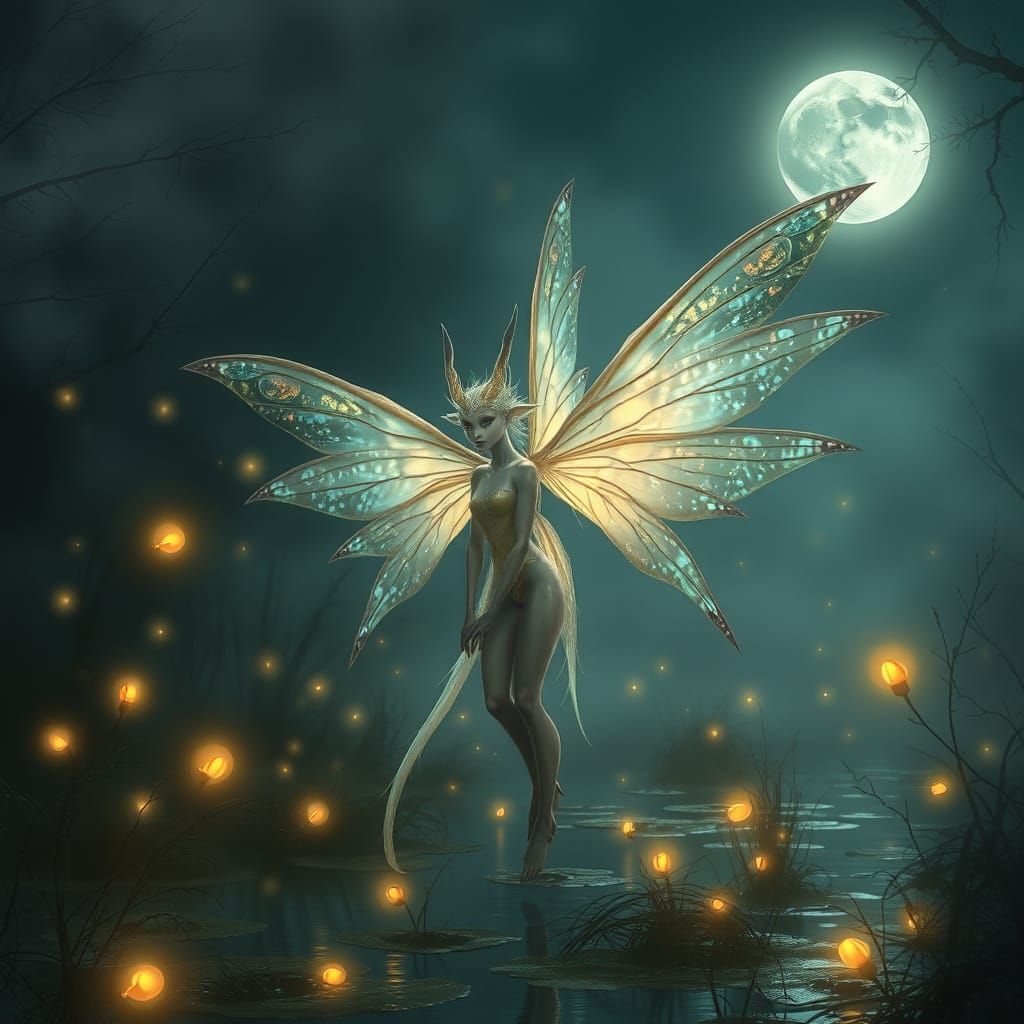 Moonlit Fairy Queen in a Mystical Bayou Scene