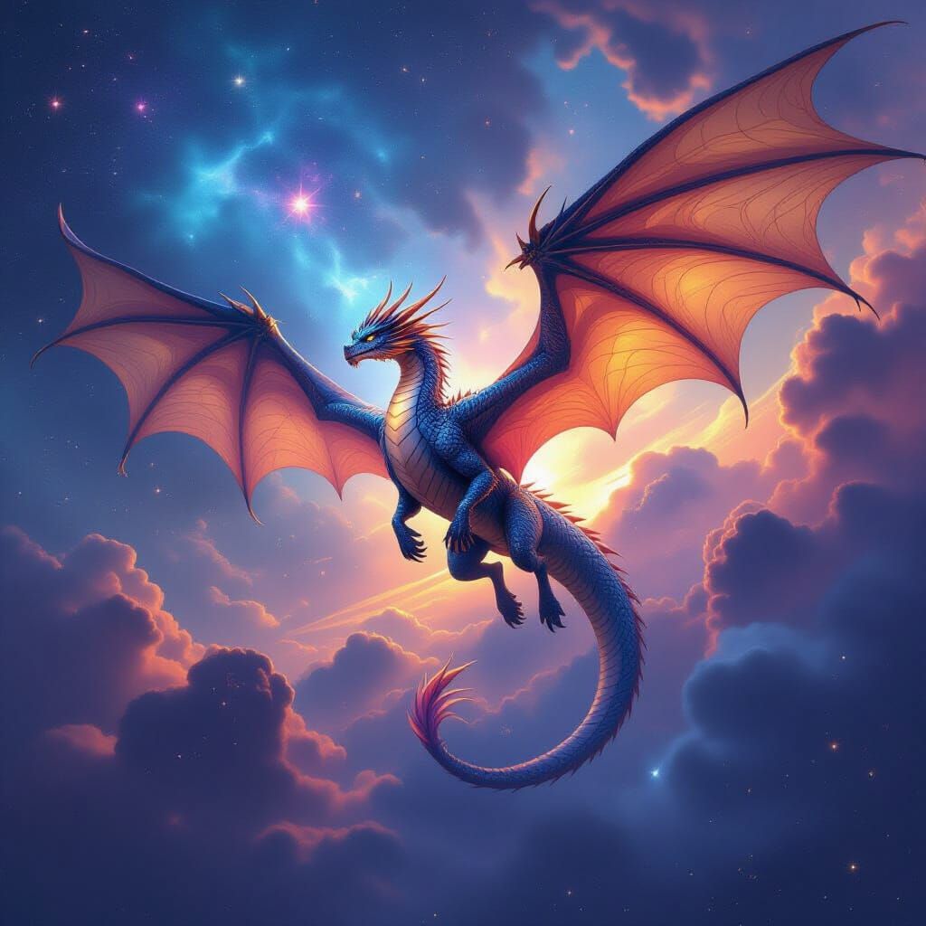 Iridescent Dragon Soaring Through Nebula Sky