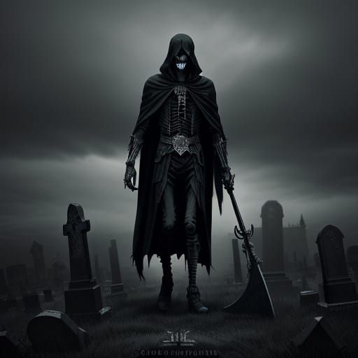 Gothic Skeletal Figure in Desolate Graveyard
