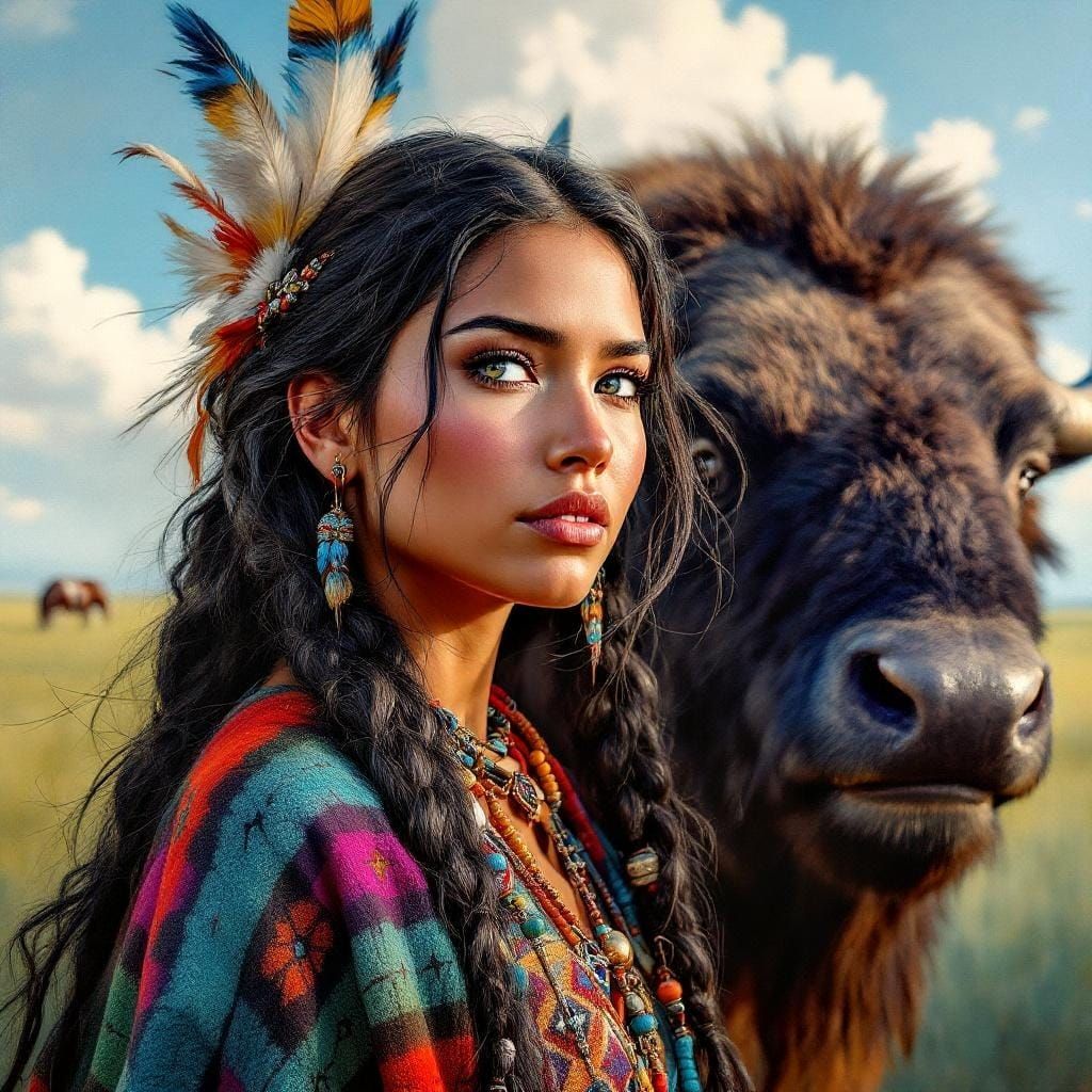 Sioux Woman and Bison in Detailed Oil Painting