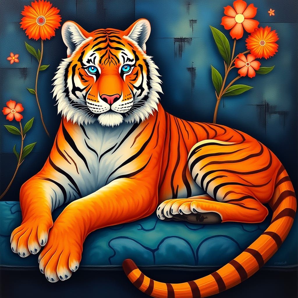 Regal Orange Tiger with Blue Eyes in Cubist Style