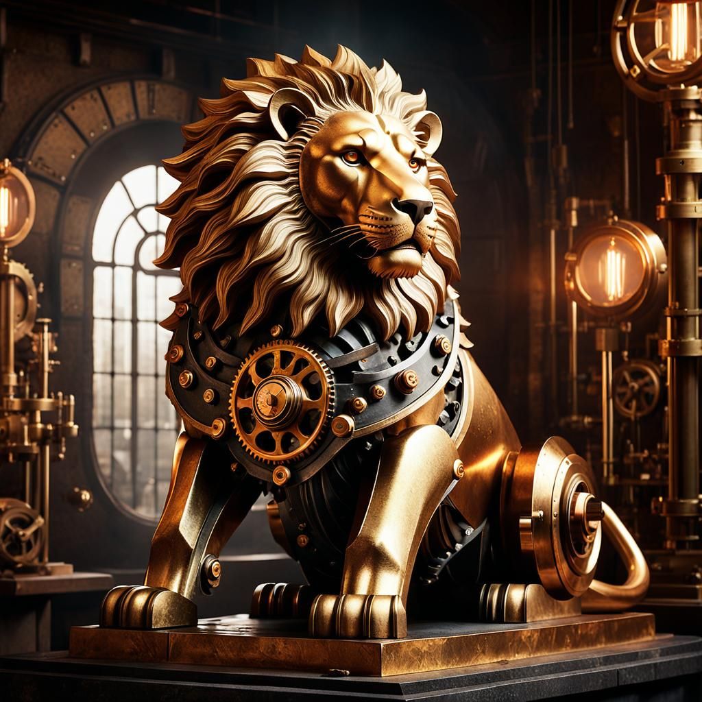 Steampunk Mechanical Lion Illustration in Old Laboratory
