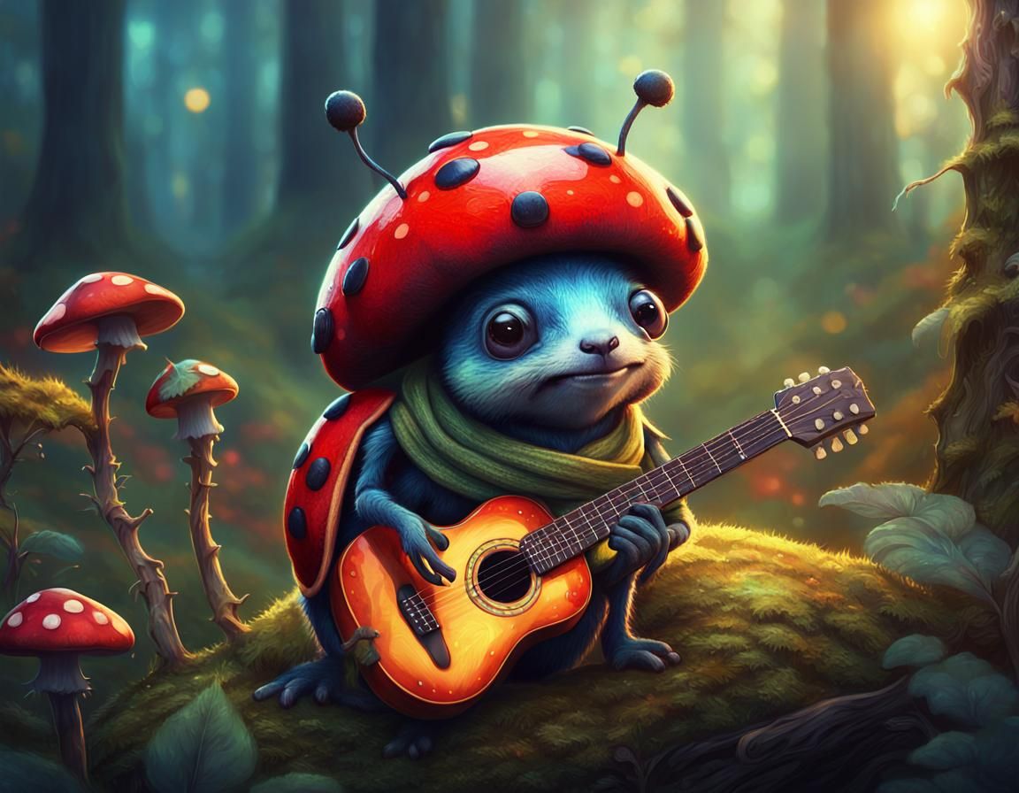 Ladybug Guitarist in Whimsical Forest Glade