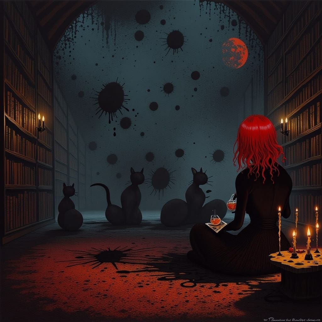 Woman in Haunted Cyberpunk Library Amidst Storm