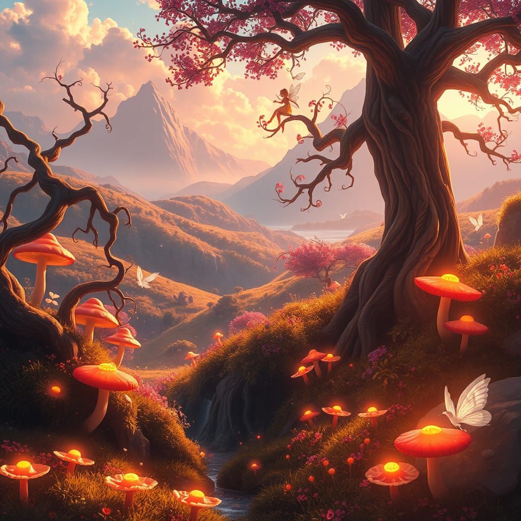 Whimsical Faerie Landscape in Vibrant, Soft Lighting