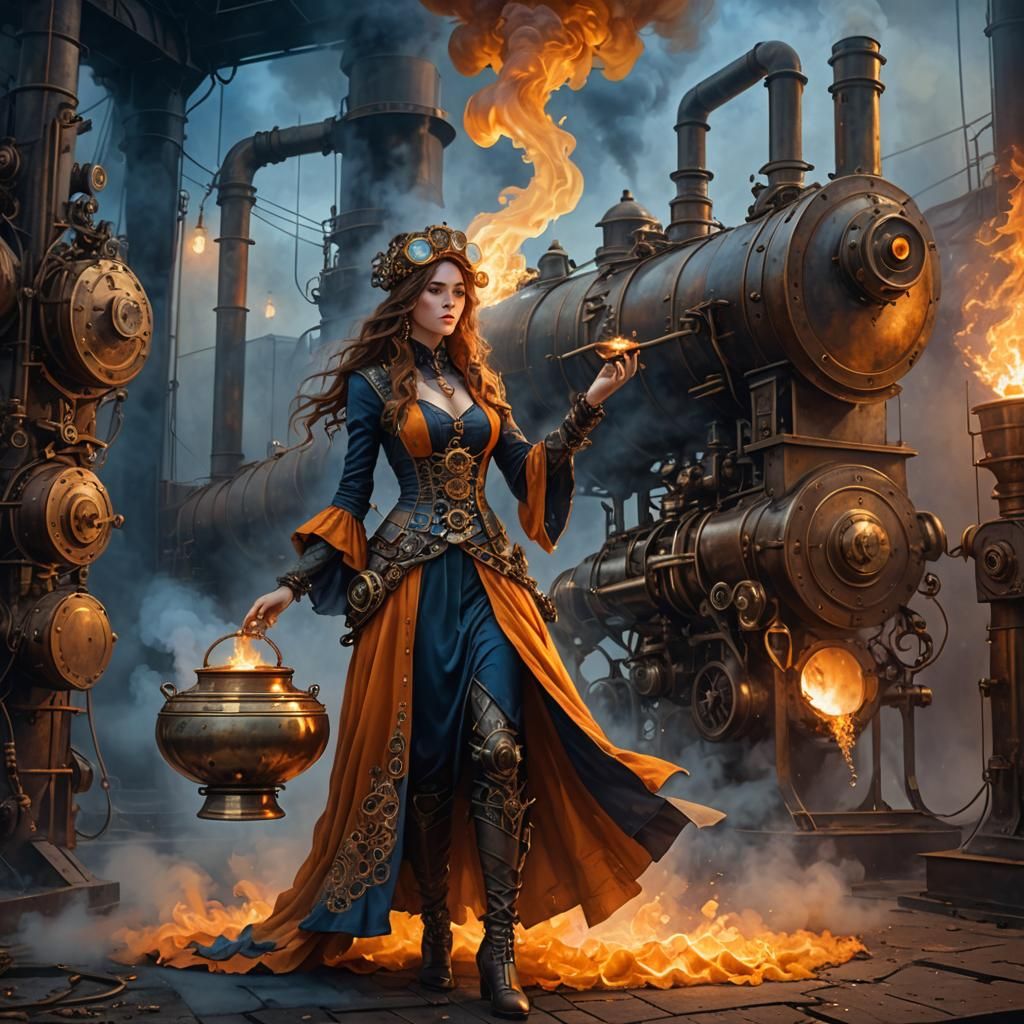 Steampunk Priestess with Fire Bowl in Fantasy Art