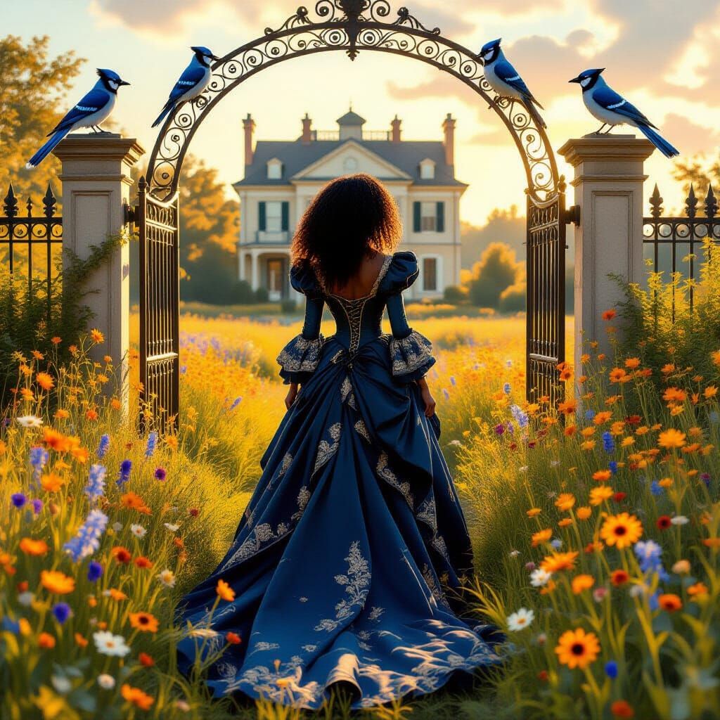 Victorian Gown Woman in Wildflower Field, Painterly Style
