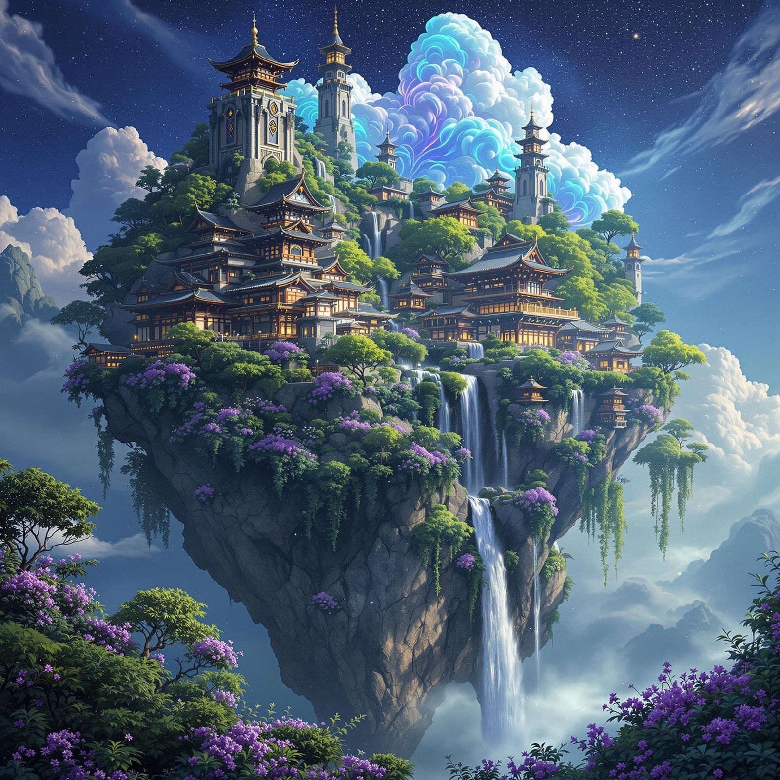 Fantasy floating island, Japanese style buildings,