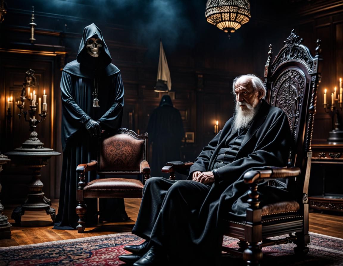 Hyperrealistic Grim Reaper Behind Old Man