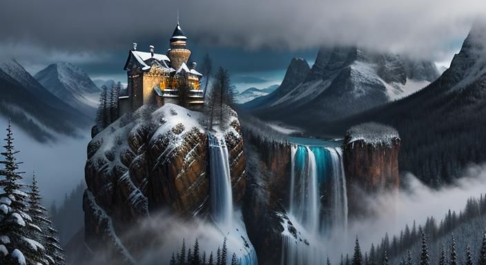 Snowy Mountain Range with Watchtower, Oil Painting