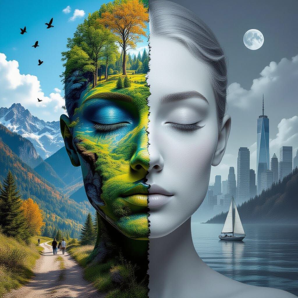 Surreal Split Face: Landscape and Seascape Portrait