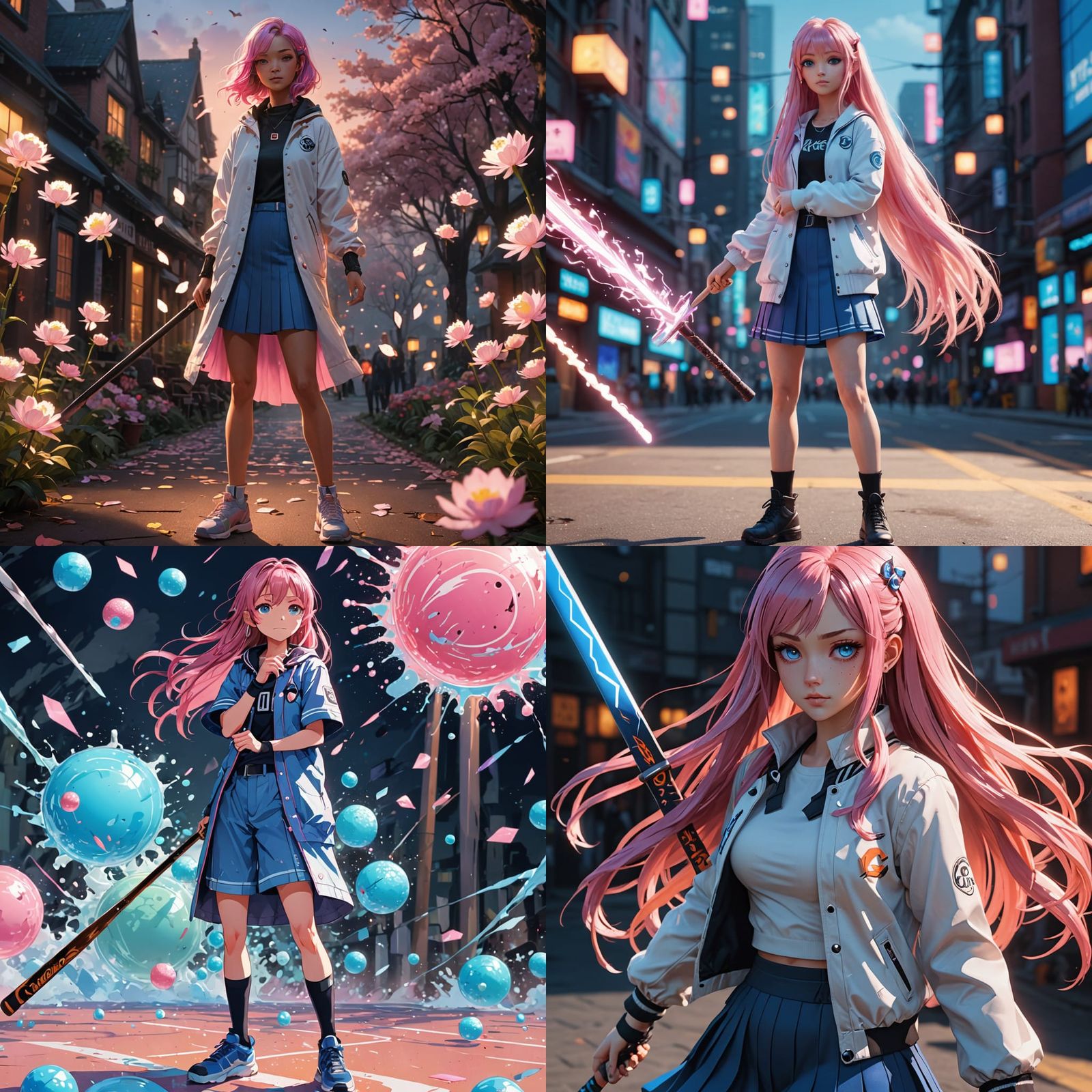 Anime Fantasy Girl with Vibrant Pink Hair Wields Baseball Ba...