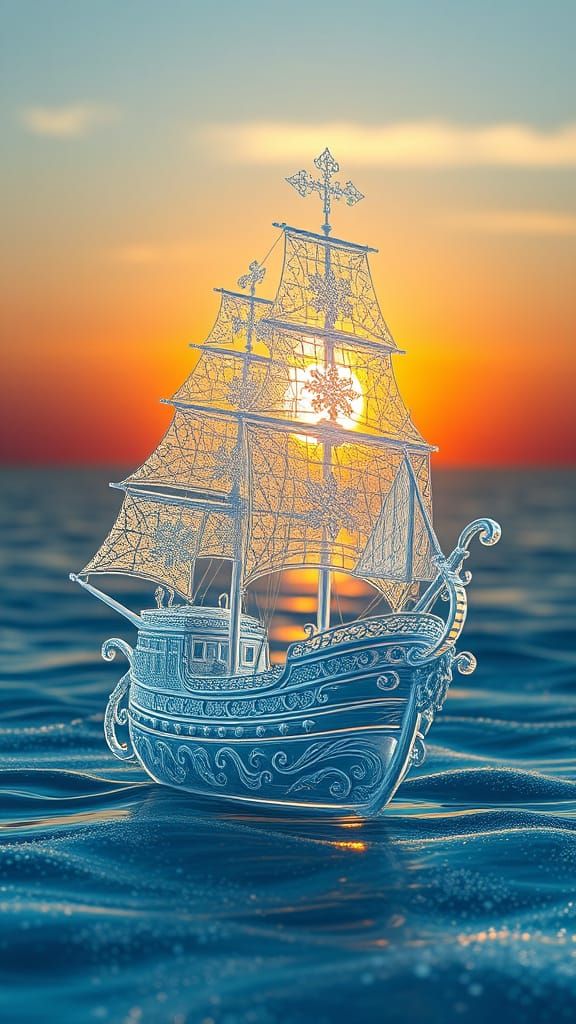 Surreal Crystal Pirate Ship Sails Across Frosty Ocean