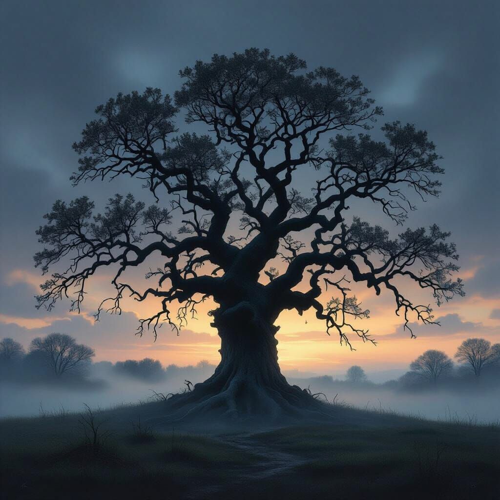 Ancient Oak Tree in Eerie Twilight Mist