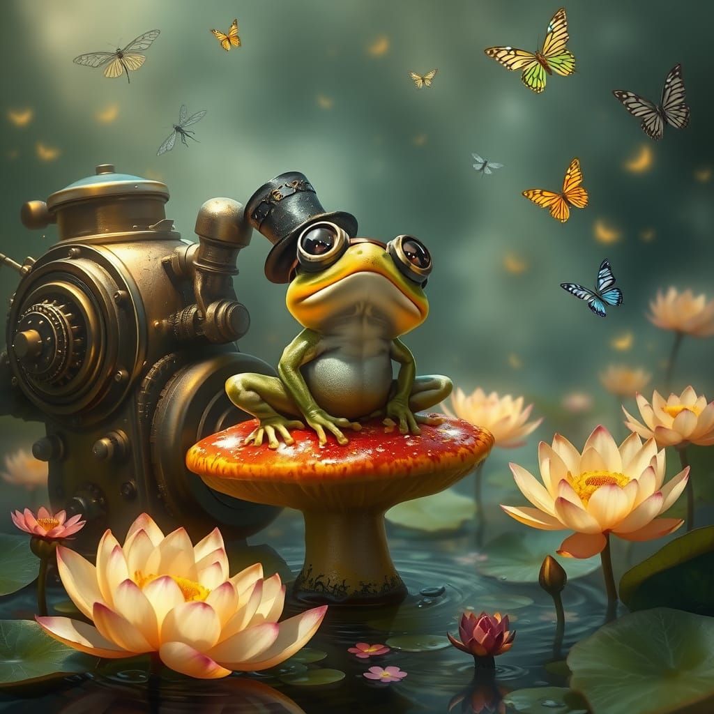 Steampunk Frog in Fantasy Lotus Garden