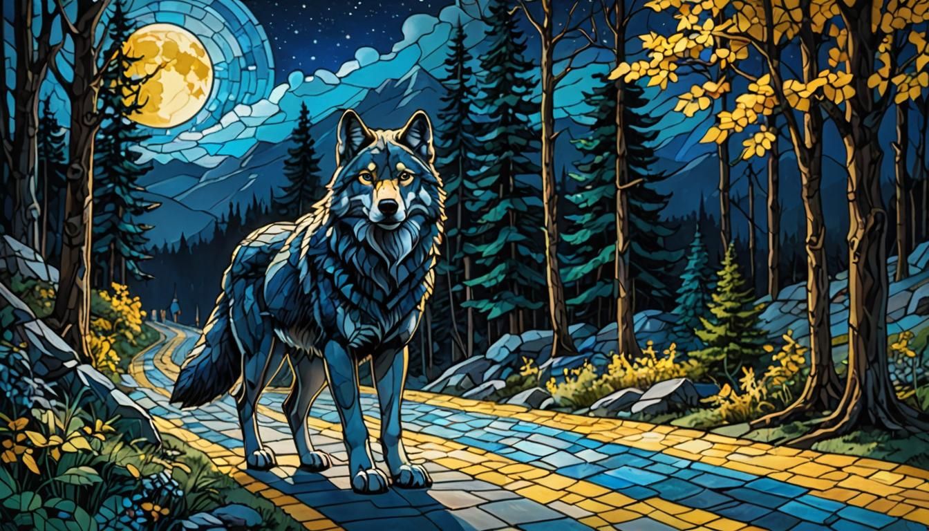 Stained Glass: Man Walks into Dark Blue Forest