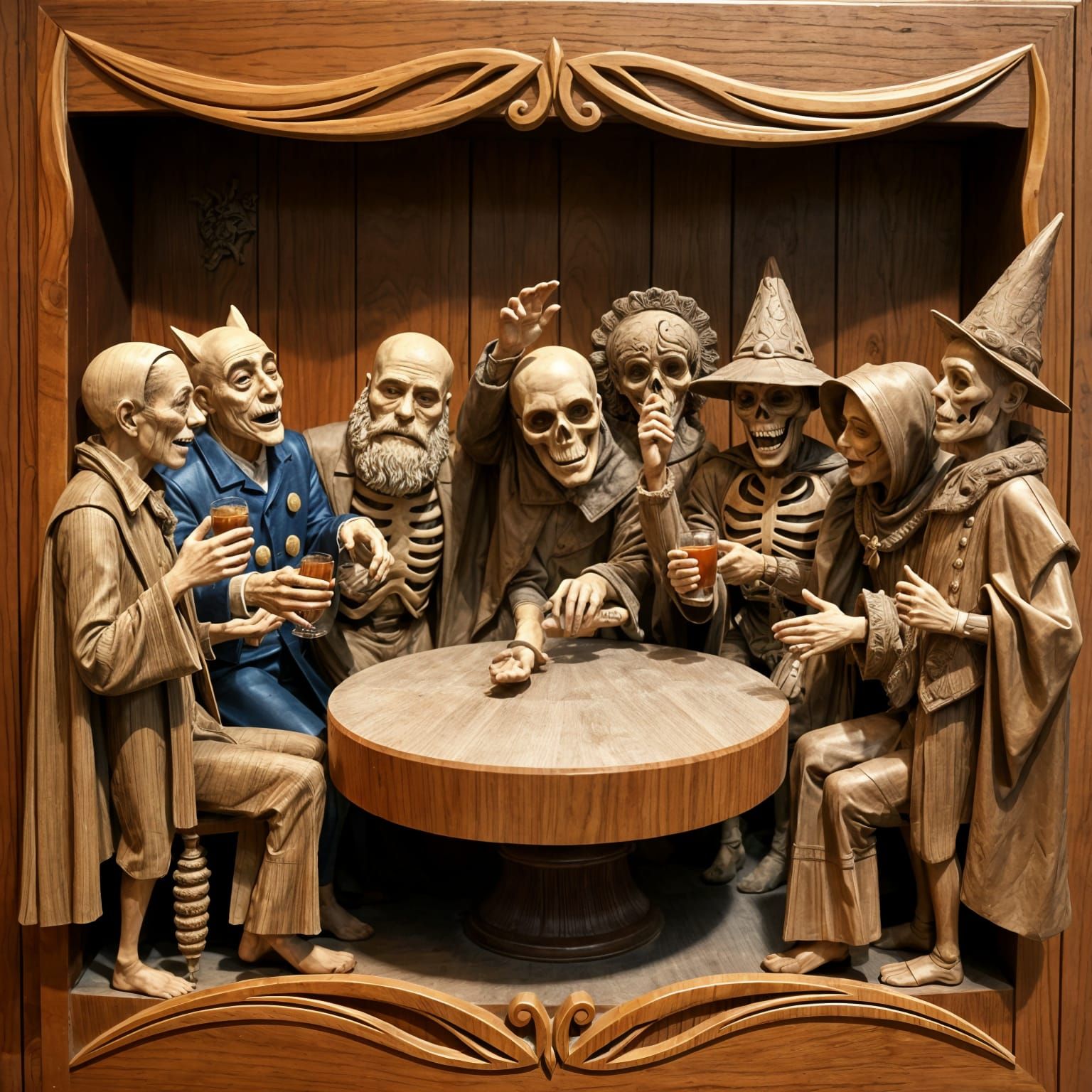 Humorous Halloween Party Carved in Wood