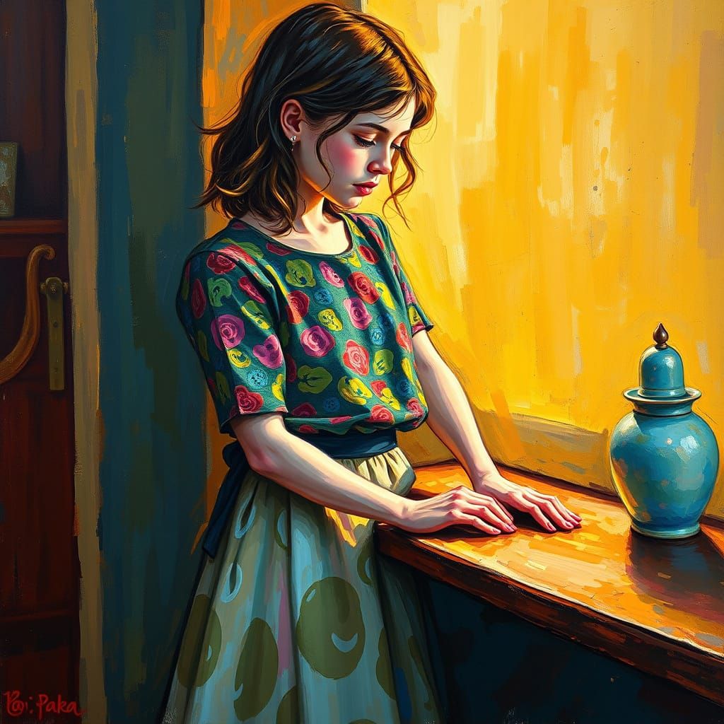 Girl in Patterned Blouse: Neo-Impressionist Expressionist Pa...