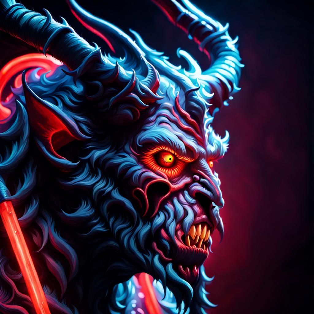 Neon Krampus Close-Up in Digital Art Style