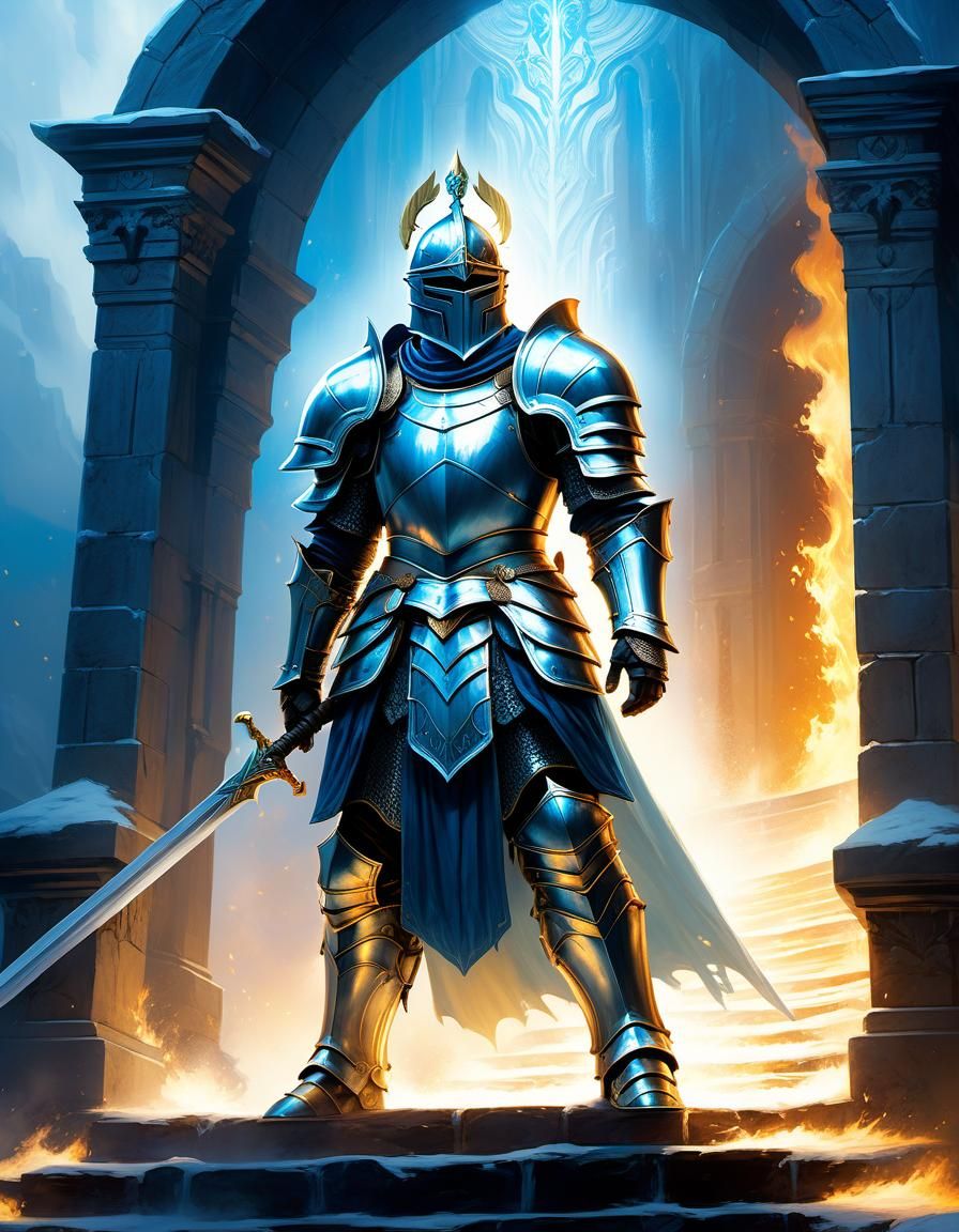 Knight Guarding Stairway in Ethereal Fantasy Illustration
