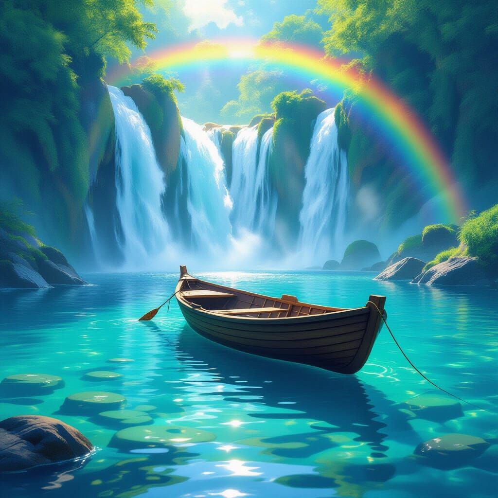 Serene Rowboat Beneath Waterfall in Digital Painting