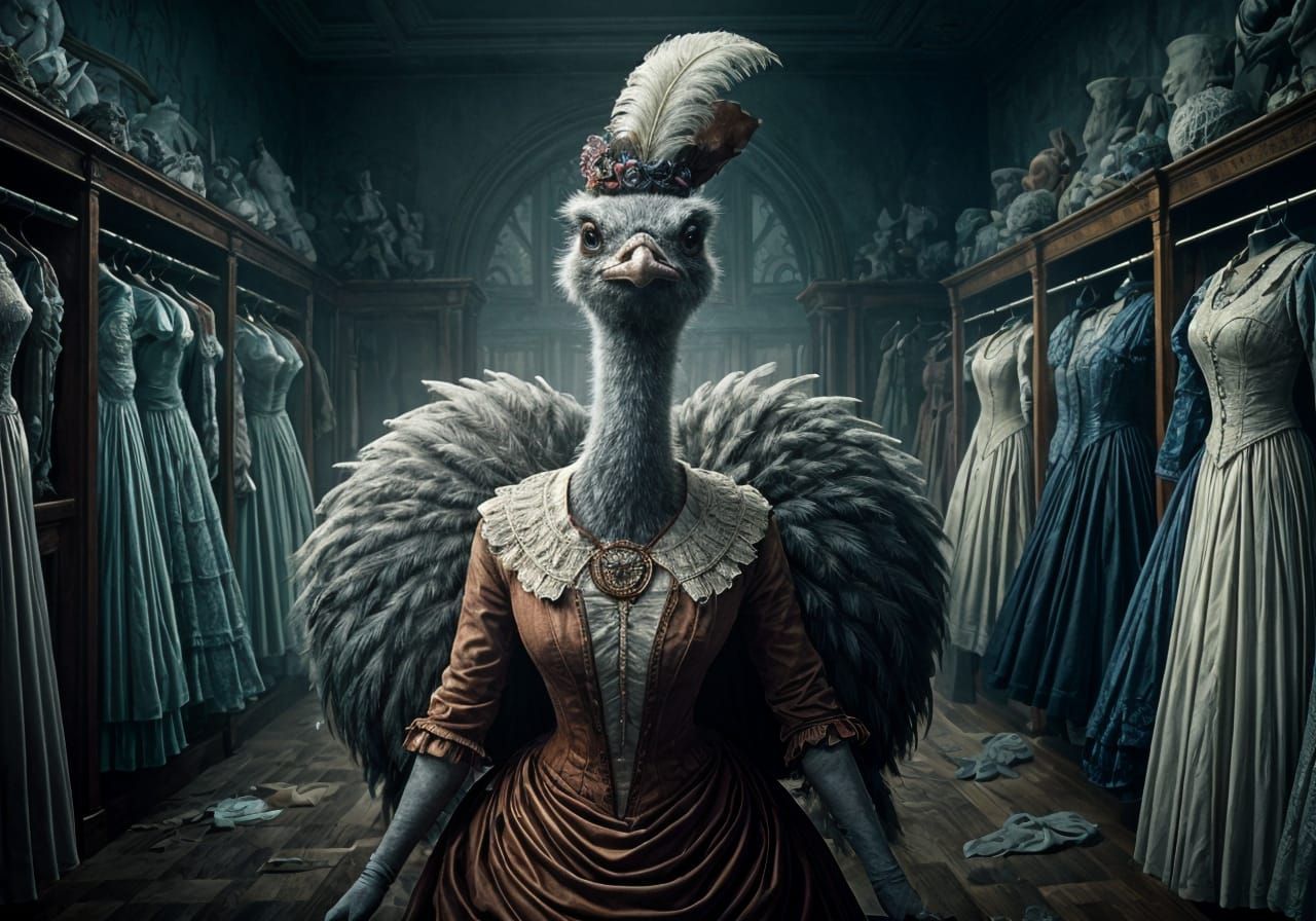 Angry Ostrich Lady in Arthur Rackham Style