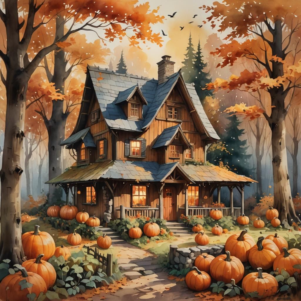 Rustic Cottage in Autumnal Forest, Watercolor-Oil Painting