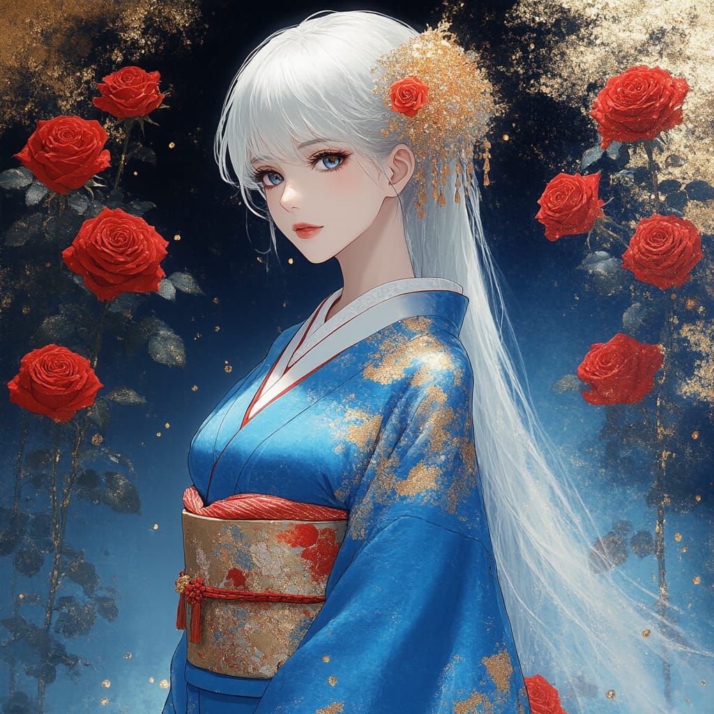 Anime Queen in Blue Kimono with Silver Hair