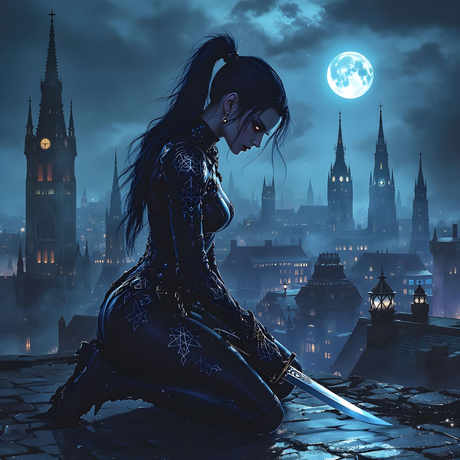 Gothic Assassin Goddess in Midnight Cityscape
