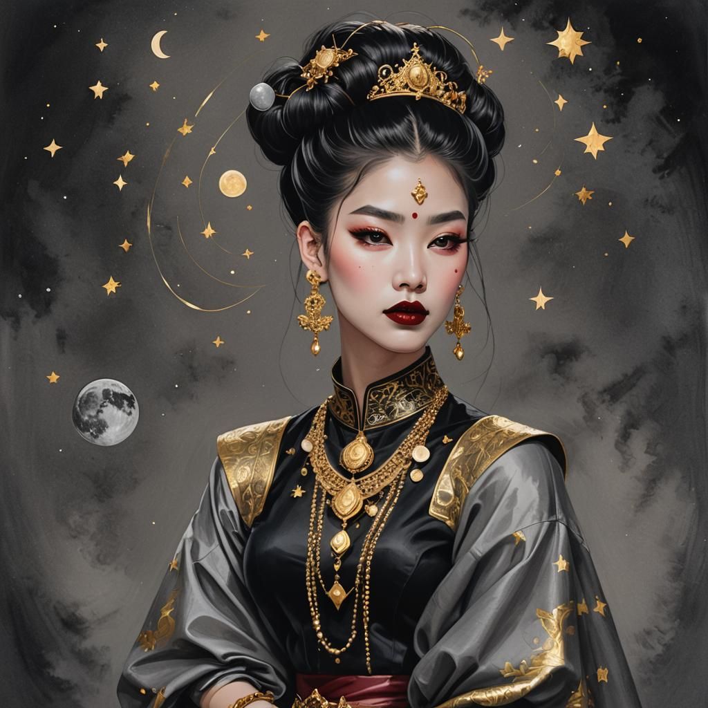 Manga-Style Girl in Black with Celestial Jewelry