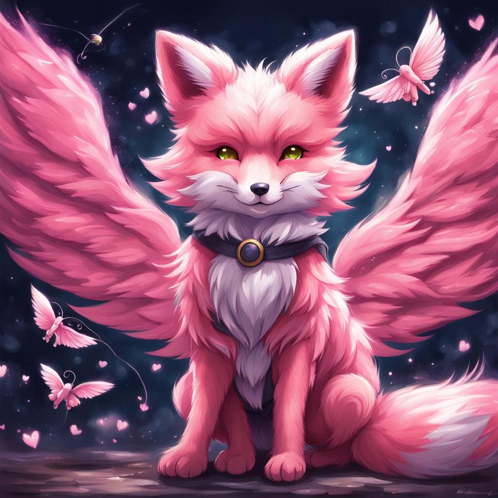 Winged Pink Fox Chalk Drawing in Anime Style