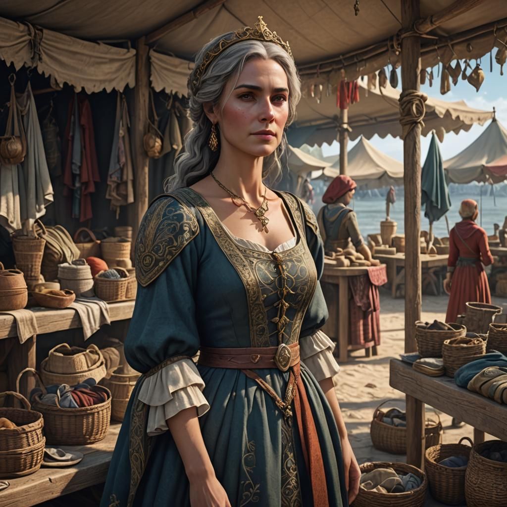 Medieval Lady Shopkeeper at Seaside Stall: Detailed Matte Pa...