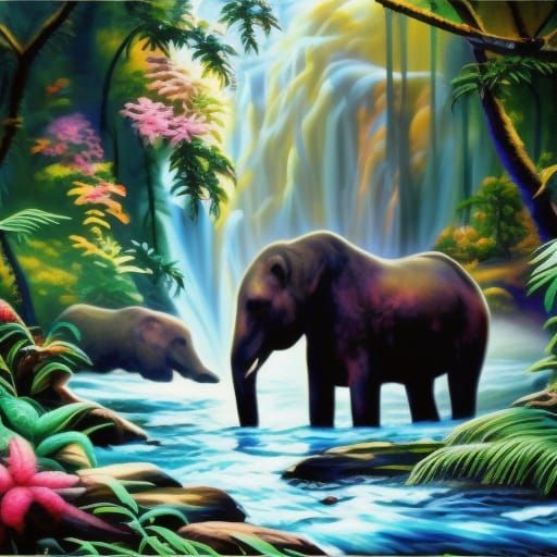 Black Elephants in Jungle Stream: Oil Painting