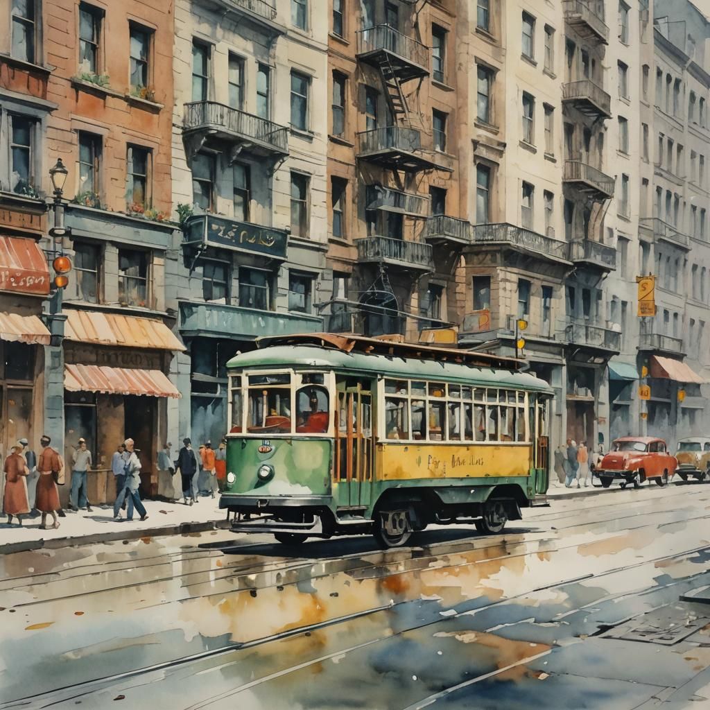 Vintage Trolley on City Street: Watercolor Painting
