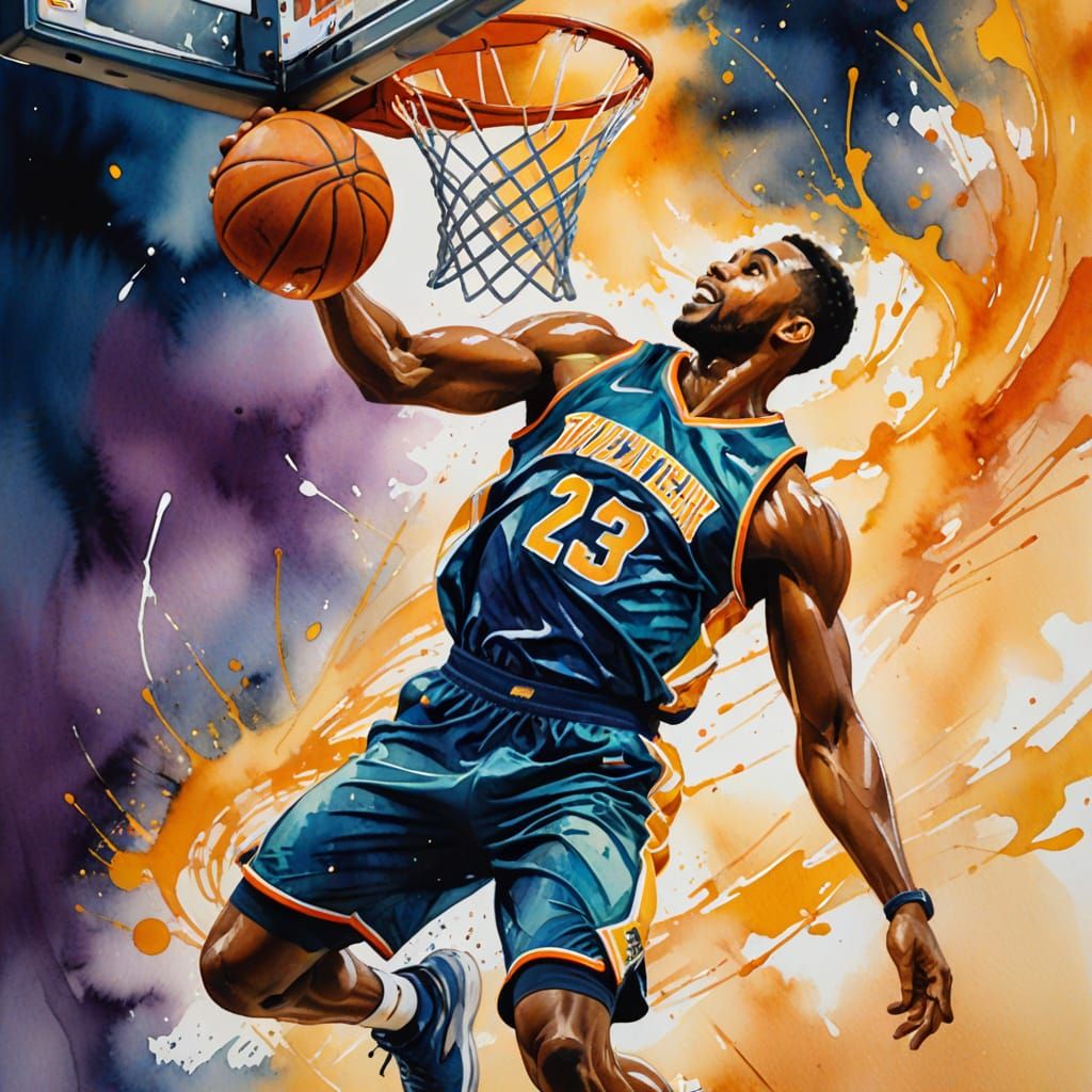 Basketball Player Slam Dunk in Watercolour