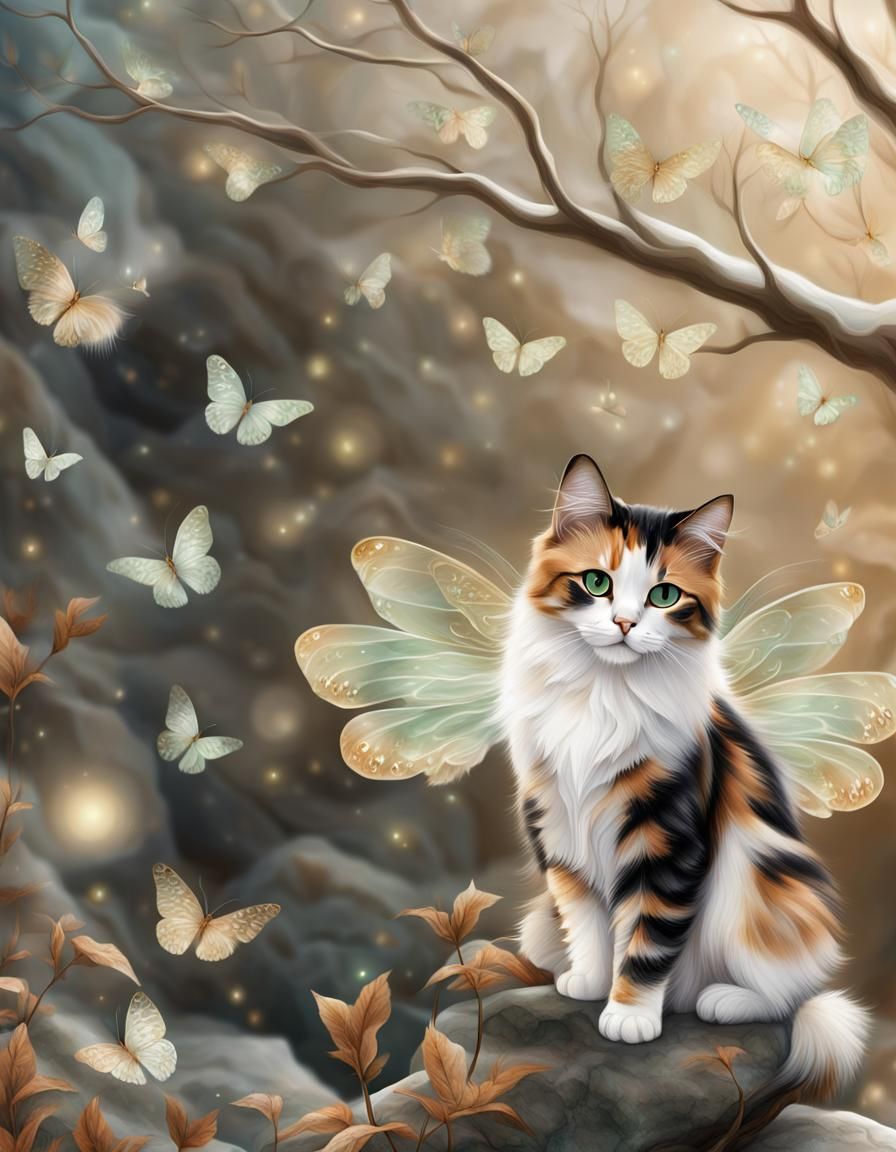 Calico Angel Cat Illustration in Romanticism Style