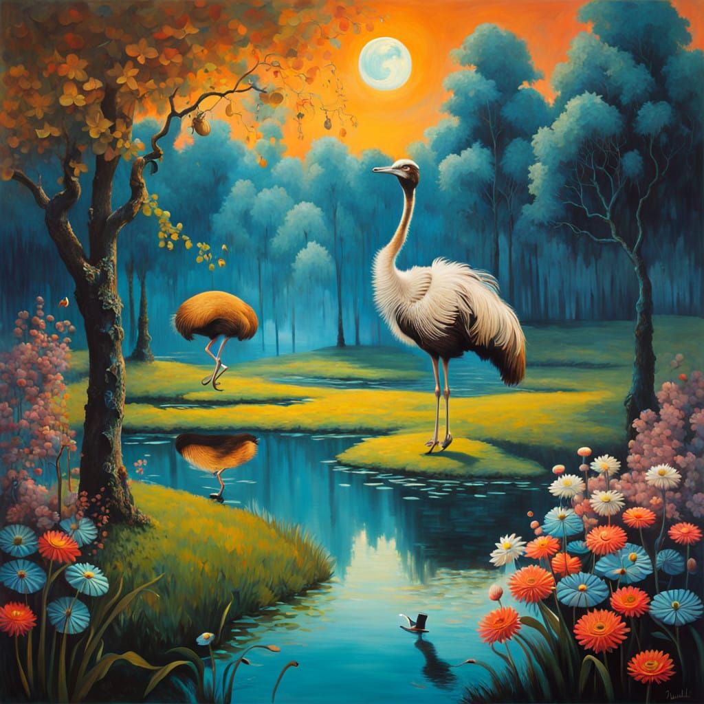 Dreamlike Ostrich Rides Unicycle Across Moonlit Lake