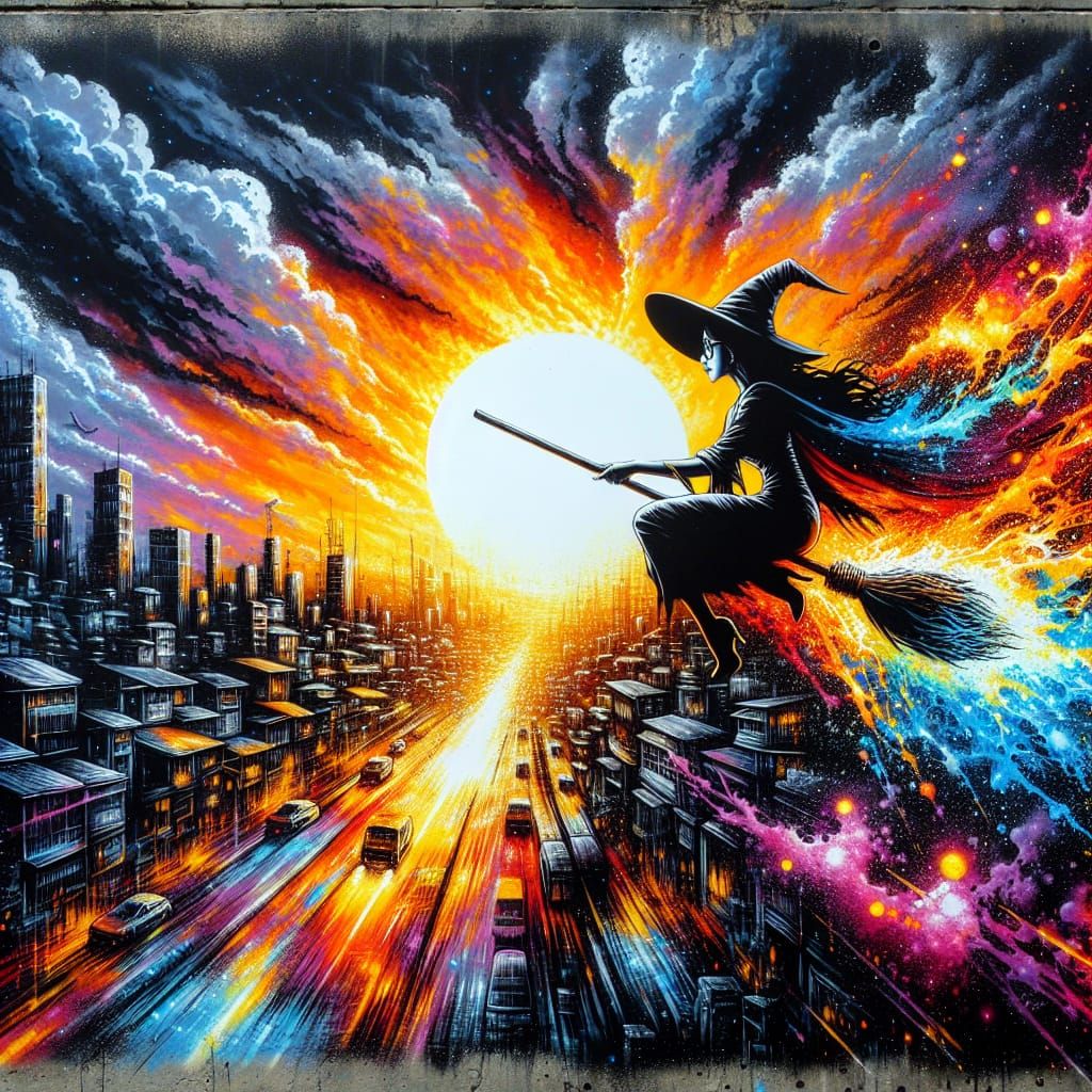 Witch on Broomstick Flying Through City at Sunset