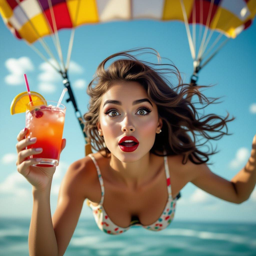 Surprised Woman Floats with Cocktail on Parachute