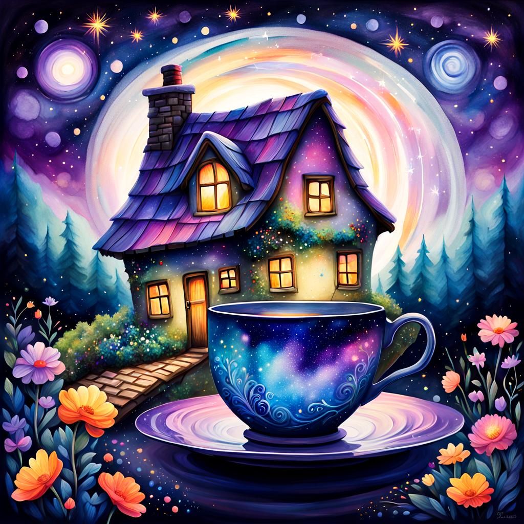Cosmic Cottage in Teacup: A Surreal Illustration
