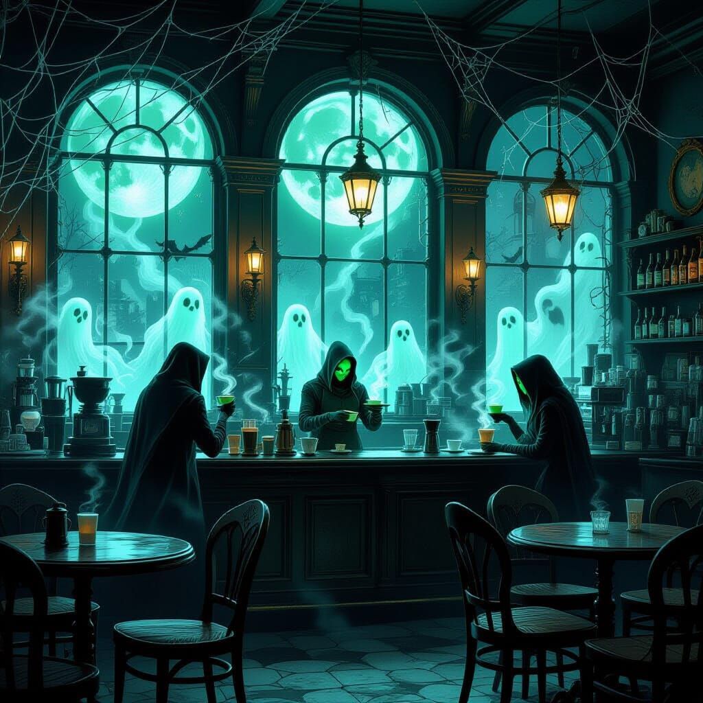 Eerie Moonlit Coffeehouse with Ghostly Baristas