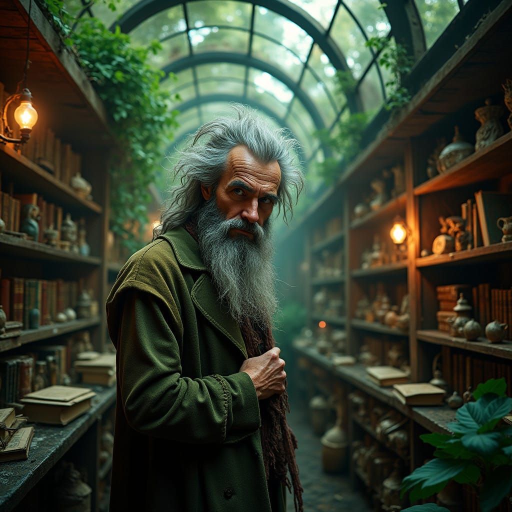 Eccentric Wizard in a Whimsical, Old Curiosity Shop Scene