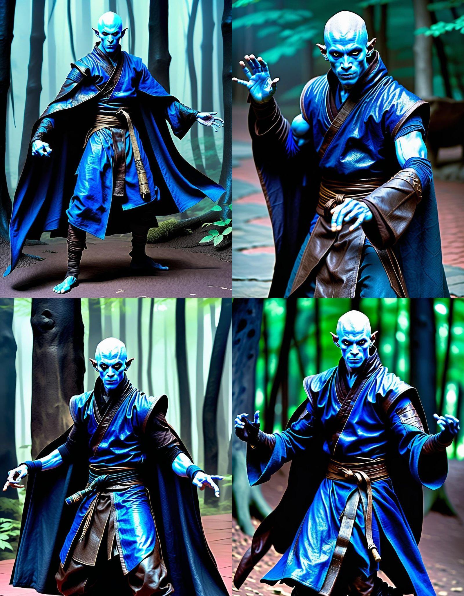 Blue-Skinned Dark Elf Monk in Shadowy Setting