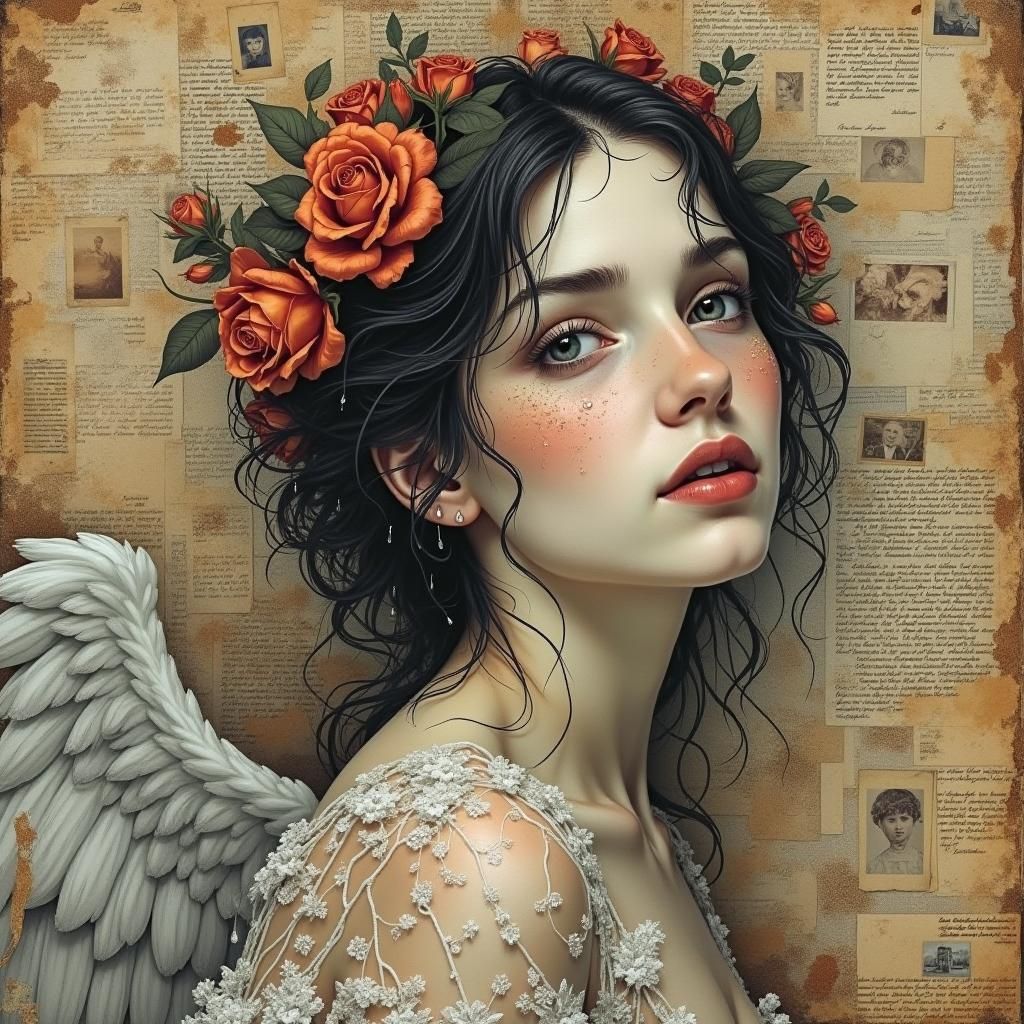 Ethereal Angel Portrait in Mixed Media Collage