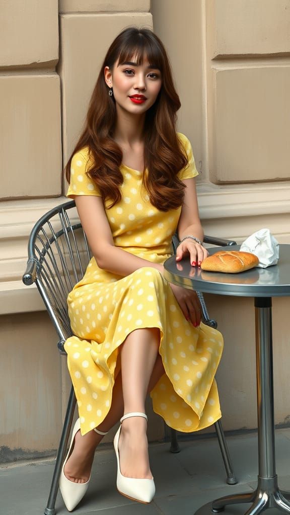 Woman in Chrome Wicker Chair Amidst Neo-Impressionist Settin...