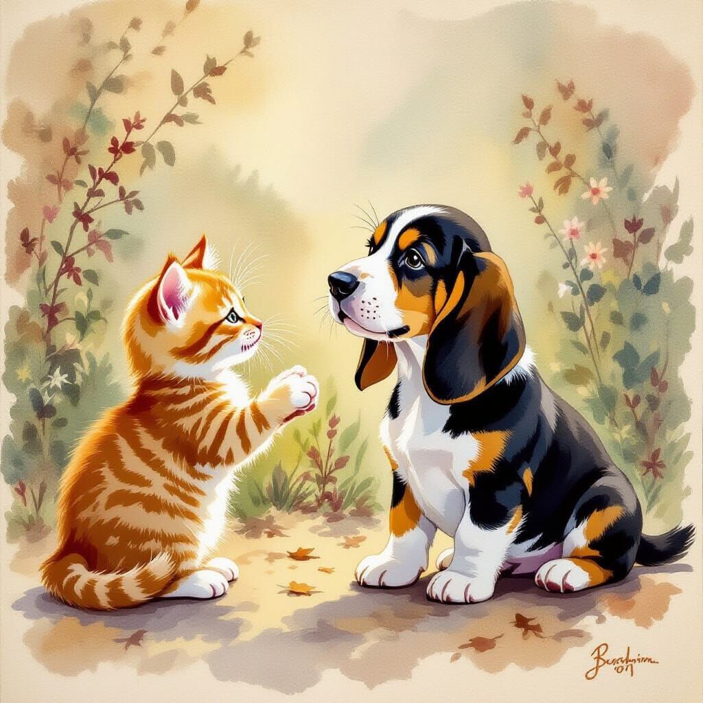Kittens Play With Bassett Hound in Gouache Painting