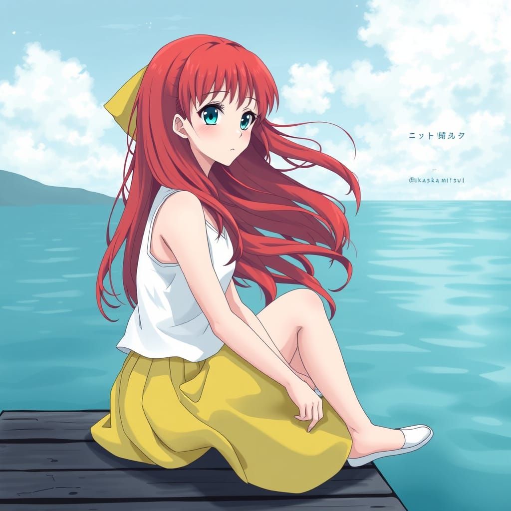 Melancholy Woman with Red Hair Sits on Dock