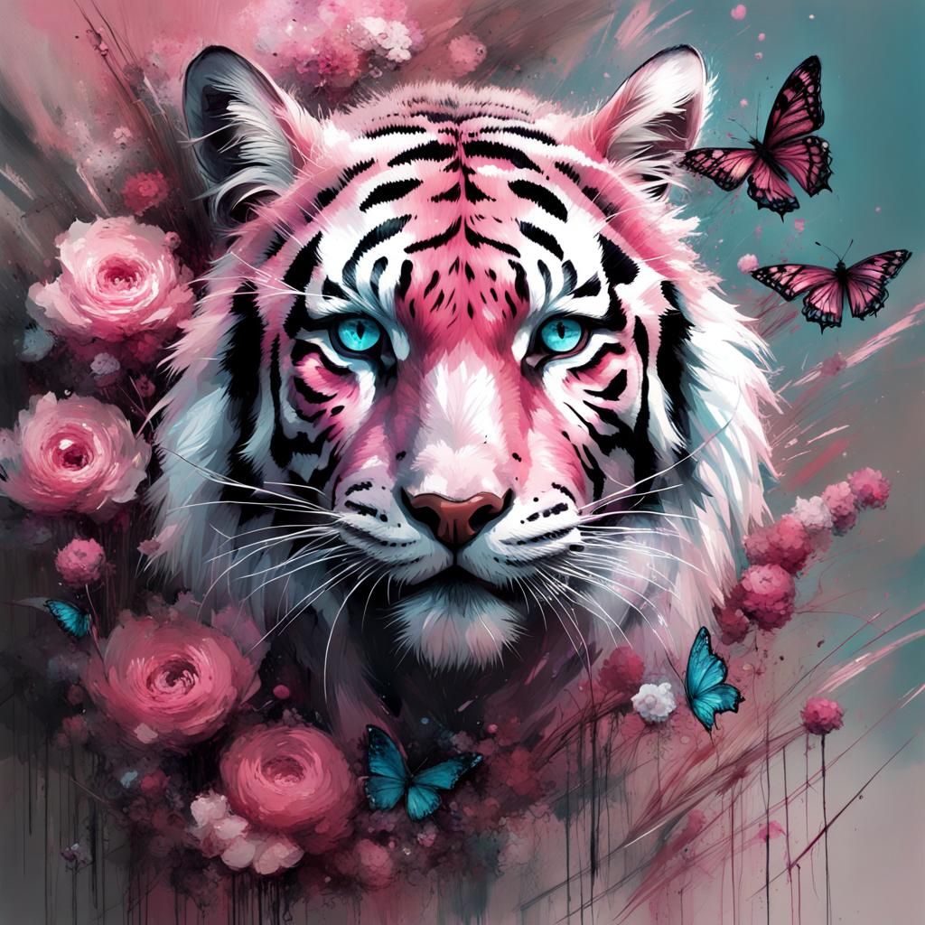Pink Crystalline Tiger Portrait in Hyperrealistic Style