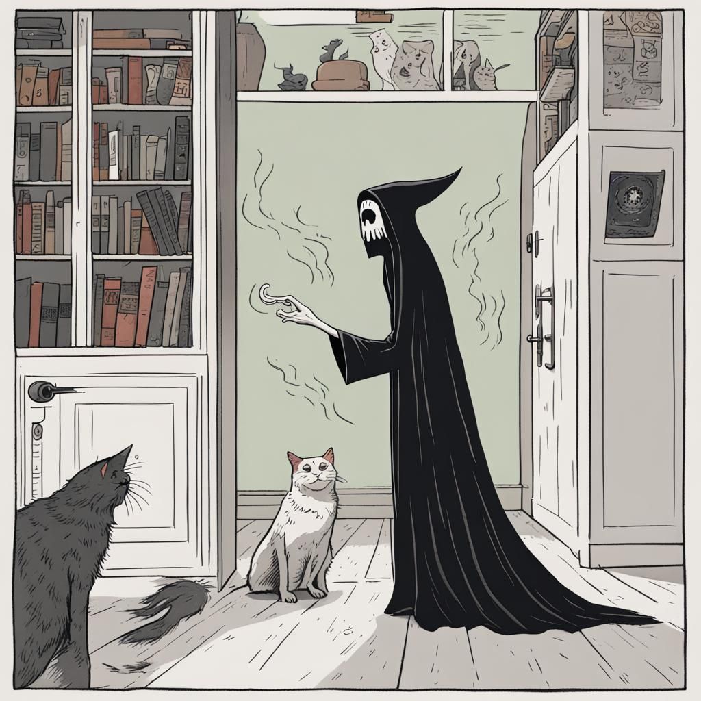 Ghost Witch Scolds Jealous Cat in Cartoon Style