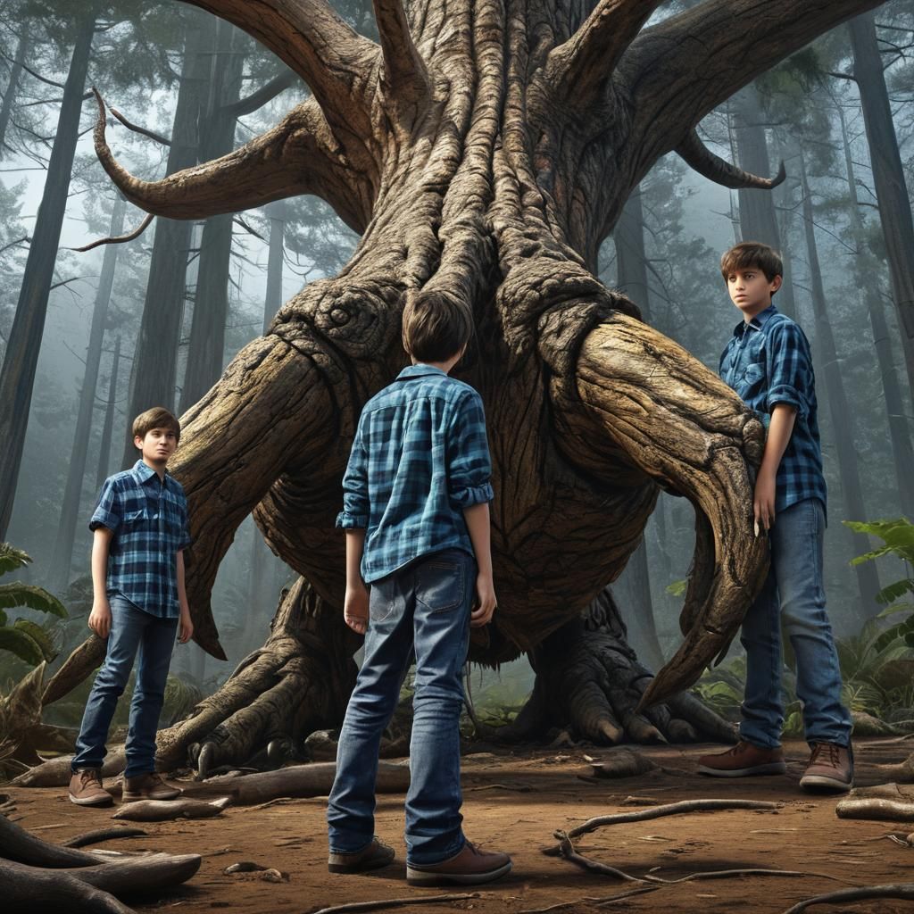 Boy Leans on Dinosaur Leg in Dark Fantasy Art